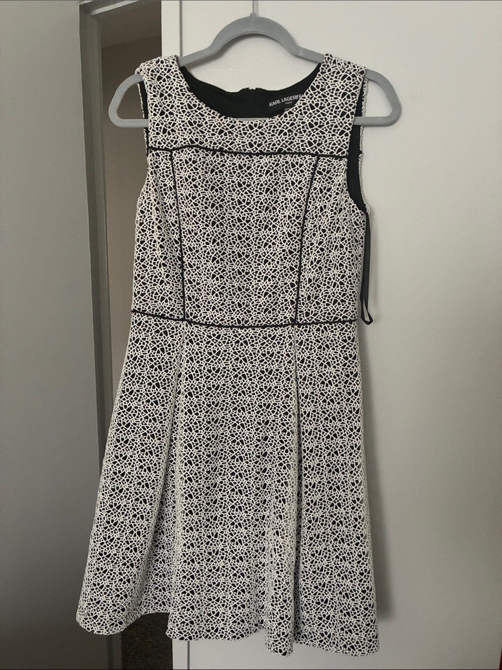 Karl Lagerfeld White Lace-Overlay Dress with Black Piping